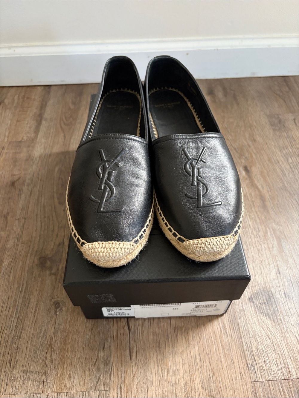 Yves Saint Laurent Black Leather Espadrille Loafers with Natural Raffia Toe